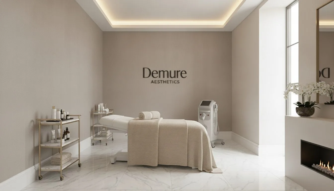 The Demure Aesthetics studio, wide view with marble floor, soft light and signature wall